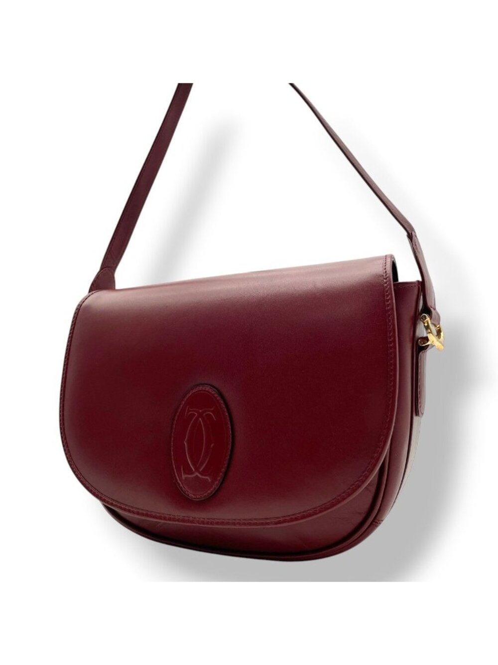 Cartier Must Line Shoulder Bag Flap Crossbody Leather Bordeaux Red Gold Double